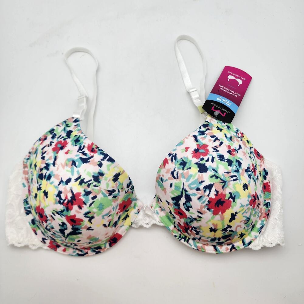 Maidenform Floral Push Up T-shirt Bra 38B Demi Coverage Wired Lace Bow P00707